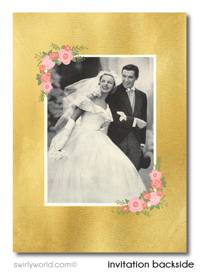 Shabby Chic Vintage Gold 50th Wedding Anniversary Party Invitation Digital Download