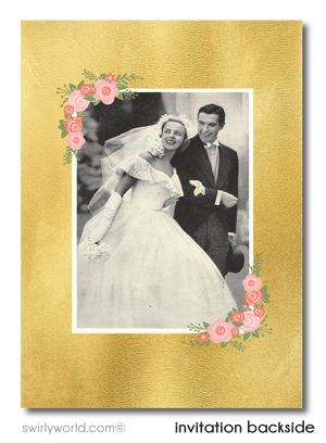 Shabby Chic Vintage Gold 50th Wedding Anniversary Party Invitation Digital Download