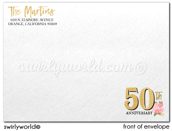 Shabby Chic Vintage Gold 50th Wedding Anniversary Party Invitation Digital Download