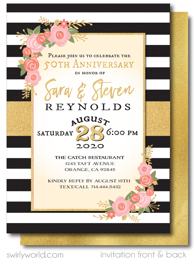 Shabby Chic Vintage Gold 50th Printed Wedding Anniversary Party Invitations
