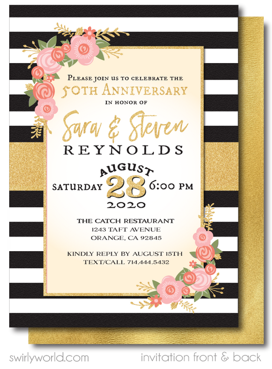 Shabby Chic Vintage Gold 50th Wedding Anniversary Party Invitation Digital Download