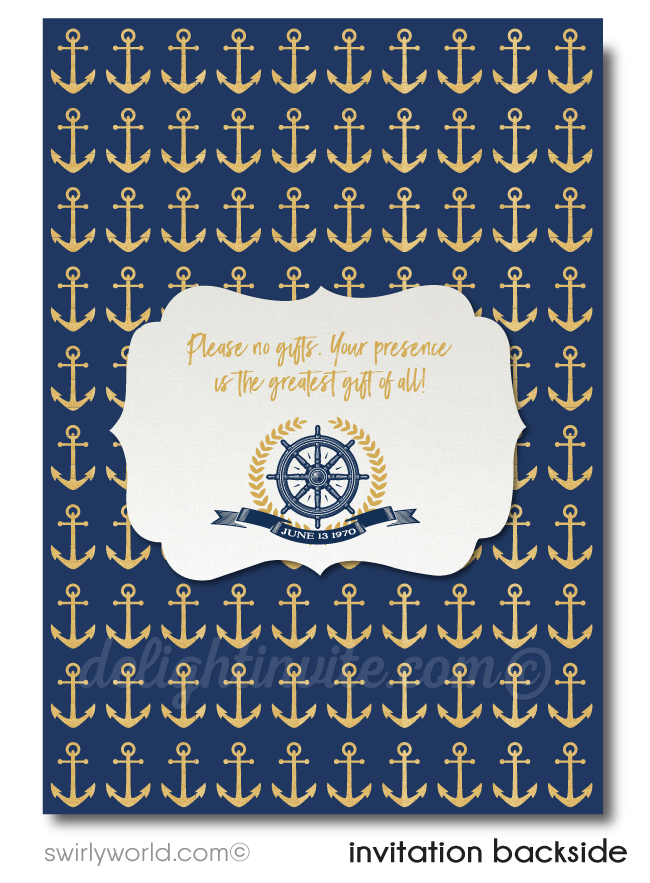 Nautical Rustic Anchor Sailboat Navy and Gold 50th Printed Wedding Anniversary Party Invitations