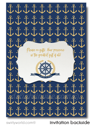 Nautical Rustic Anchor Sailboat Navy and Gold 50th Printed Wedding Anniversary Party Invitations