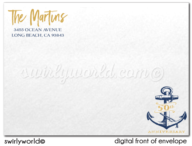 Nautical Rustic Anchor Sailboat Navy and Gold 50th Printed Wedding Anniversary Party Invitations