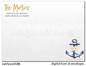 Nautical Rustic Anchor Sailboat Navy and Gold 50th Printed Wedding Anniversary Party Invitations