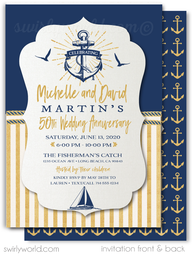 Nautical Rustic Anchor Sailboat Navy and Gold 50th Printed Wedding Anniversary Party Invitations
