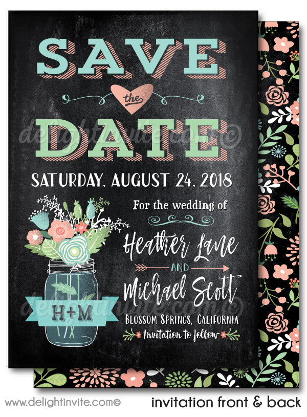 Vintage Floral Botanical Shabby Chic Mason Jar Save the Date Card Digital Download