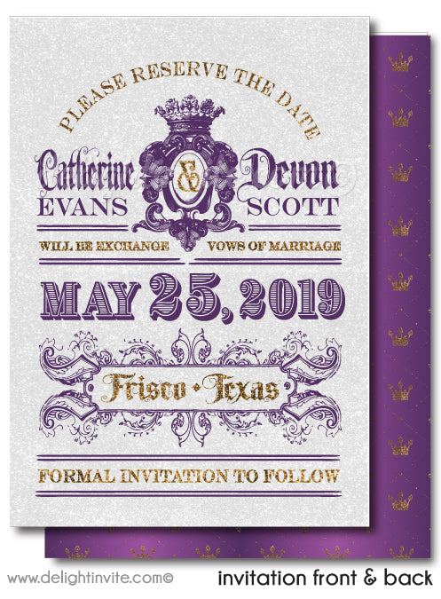 Formal Traditional Purple and Gold Royal Wedding Save the Date Card Digital Download