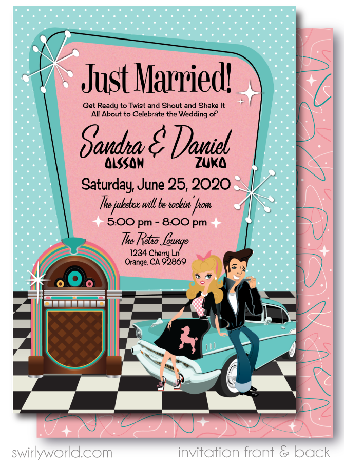 1950s Retro Rockabilly Grease Pink Ladies Wedding Invitations and RSVP card Digital Download Bundle