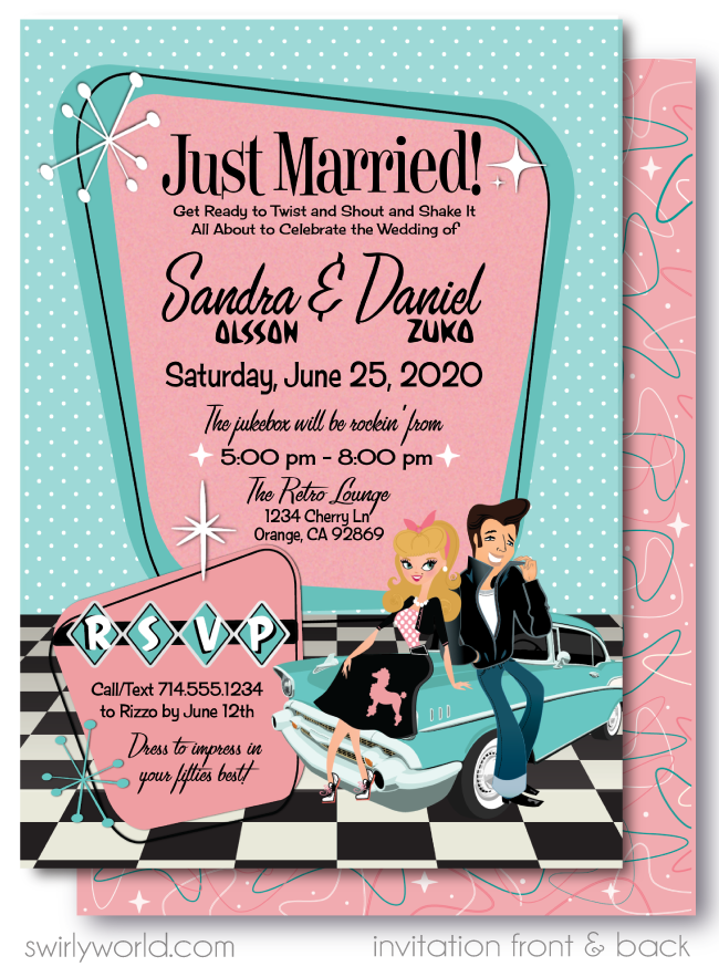 1950s Retro Rockabilly Grease Pink Ladies Wedding Invitations and RSVP card Digital Download Bundle