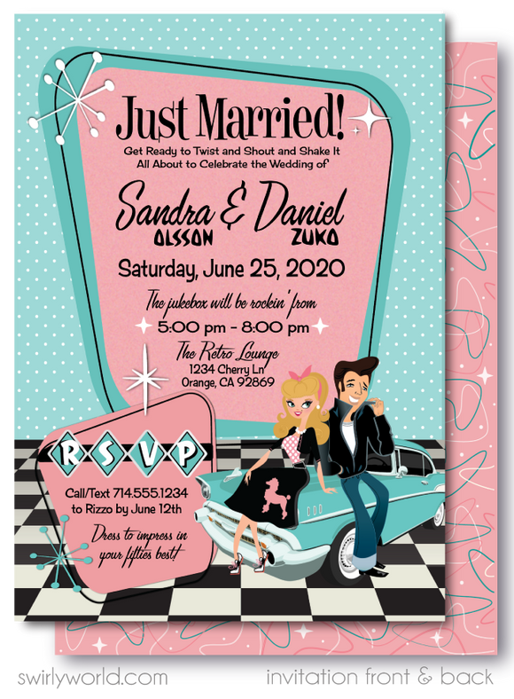 1950s Retro Rockabilly Grease Pink Ladies Wedding Invitations and RSVP card Digital Download Bundle