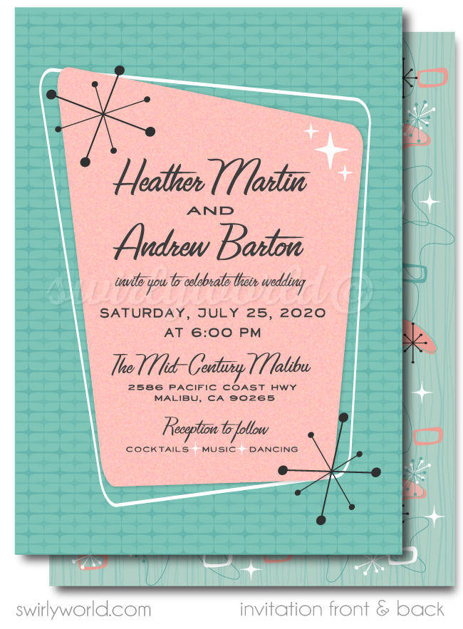 Pink Atomic Retro Mid-Century Modern Wedding Invitation and RSVP Card Digital Download Bundle
