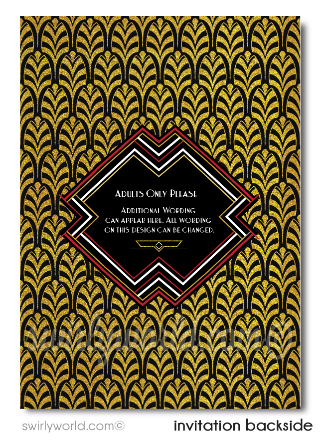 Great Gatsby Art Deco Roaring 20's Black and Gold 50th Printed Wedding Anniversary Party Invitations