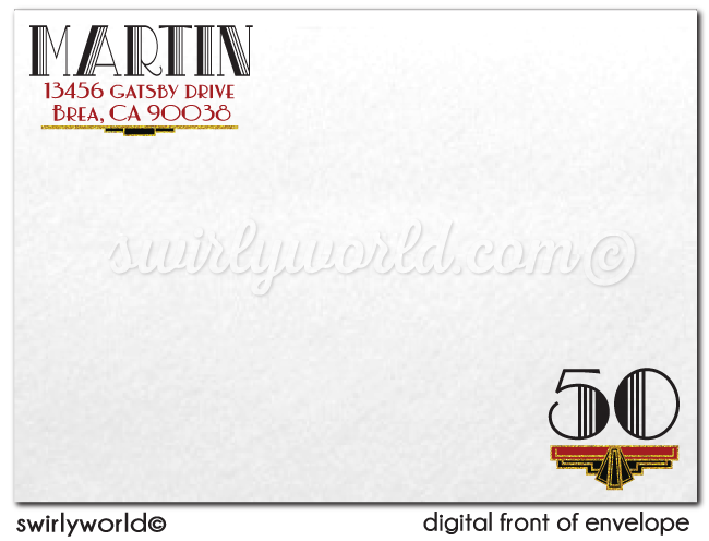 Great Gatsby Art Deco Roaring 20's Black and Gold 50th Printed Wedding Anniversary Party Invitations