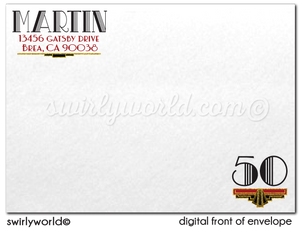 Great Gatsby Art Deco Roaring 20's Black and Gold 50th Printed Wedding Anniversary Party Invitations