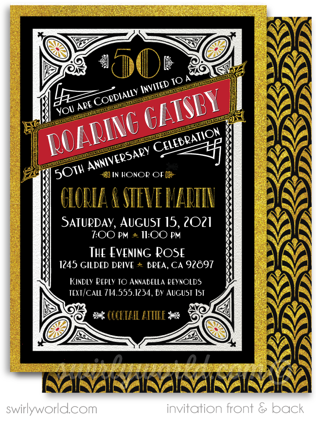Great Gatsby Art Deco Roaring 20's Black and Gold 50th Printed Wedding Anniversary Party Invitations