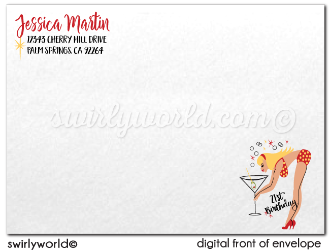 Retro Rockabilly "Bottoms Up" Yellow Polkadot Bikini Beach Pinup Girl 21st Birthday Party Printed Invitations