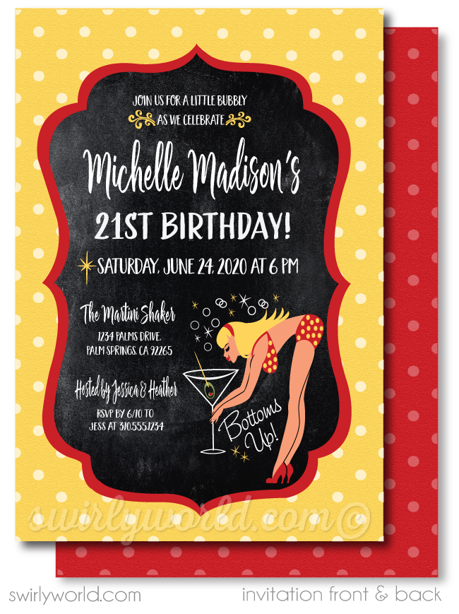 Retro Rockabilly "Bottoms Up" Yellow Polkadot Bikini Beach Pinup Girl 21st Birthday Party Printed Invitations