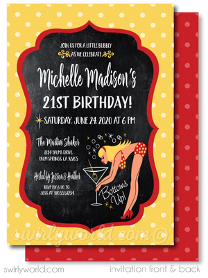 Retro Rockabilly "Bottoms Up" Yellow Polkadot Bikini Beach Pinup Girl 21st Birthday Party Printed Invitations