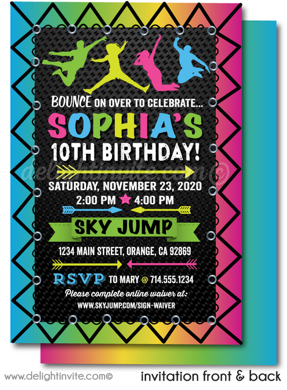 neon glow jump trampoline bounce house party invite