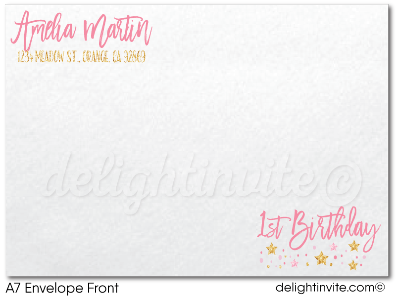 Pink and Gold Glitter Twinkle Twinkle Little Star 1st Birthday Party Printed Invitations