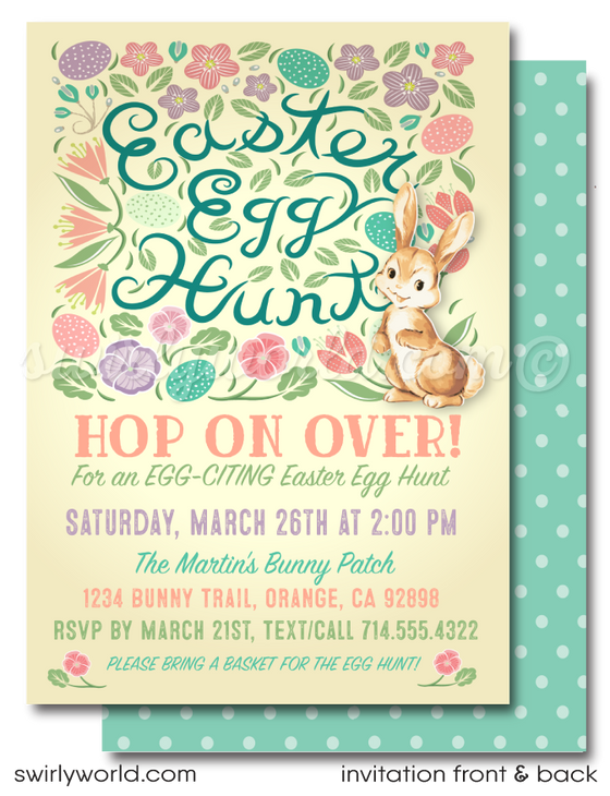 Easter Egg Hunt invitation design for digital download. Easter Bunny with Egg Basket perfect for Egg Hunt Poster Design. Vintage easter bunny