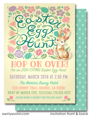 Easter Egg Hunt invitation design for digital download. Easter Bunny with Egg Basket perfect for Egg Hunt Poster Design. Vintage easter bunny