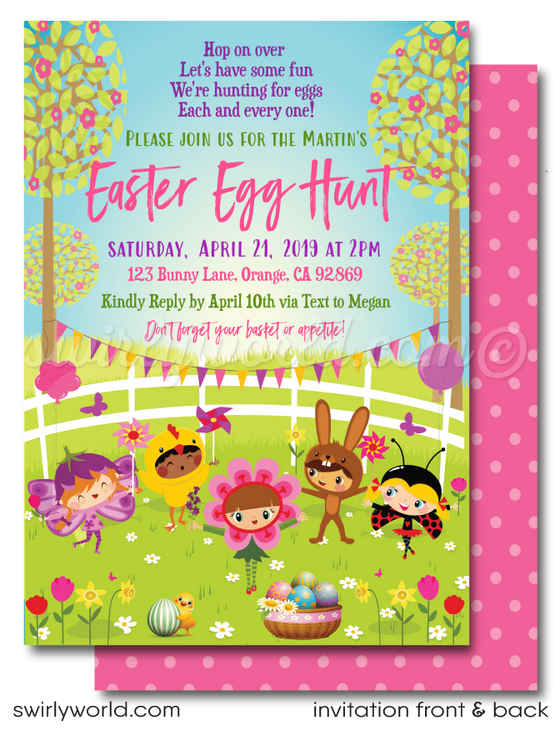 Easter Egg Hunt invitation design for digital download. Easter Bunny with Egg Basket perfect for Egg Hunt Poster Design. 