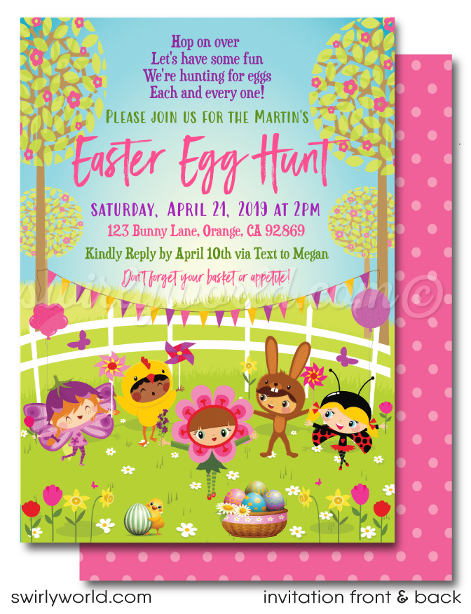 Easter Egg Hunt invitation design for digital download. Easter Bunny with Egg Basket perfect for Egg Hunt Poster Design. 