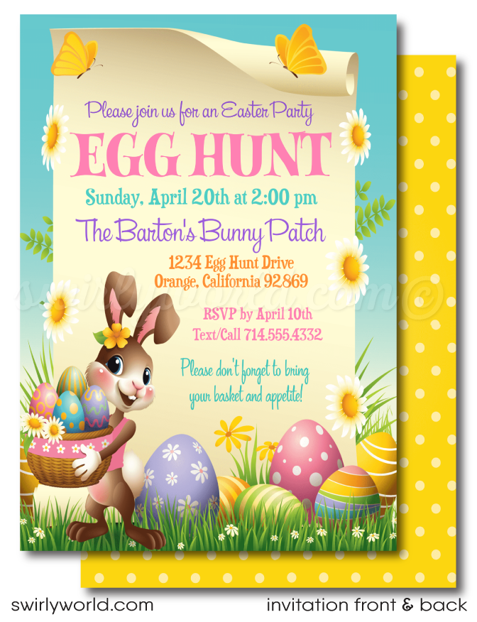 Easter Egg Hunt invitation design for digital download. Easter Bunny with Egg Basket perfect for Egg Hunt Poster Design.