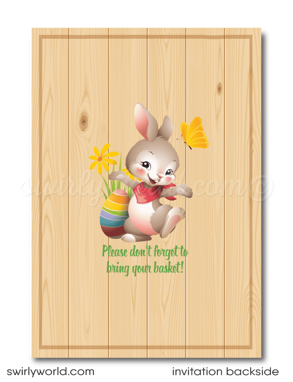 Easter Egg Hunt invitation design for digital download. Easter Bunny with Egg Basket perfect for Egg Hunt Poster Design.
