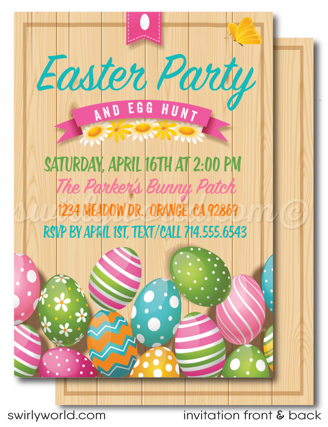 Easter Egg Hunt invitation design for digital download. Easter Bunny with Egg Basket perfect for Egg Hunt Poster Design.