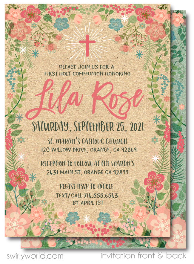 Girls' Botanical Floral Spring First 1st Holy Communion Invitation Digital Download