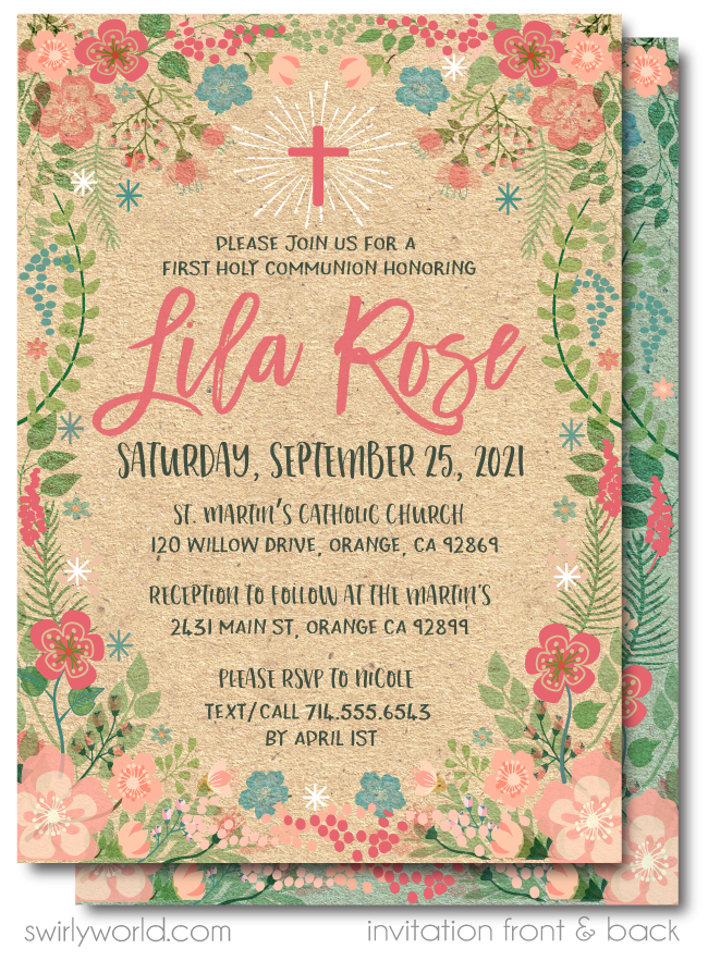 Botanical Peoni Floral Vintage First 1st Holy Communion Invites for Girls