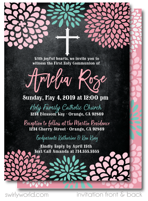 Vintage Floral Girls' 1st First Holy Communion Invitation Digital Download
