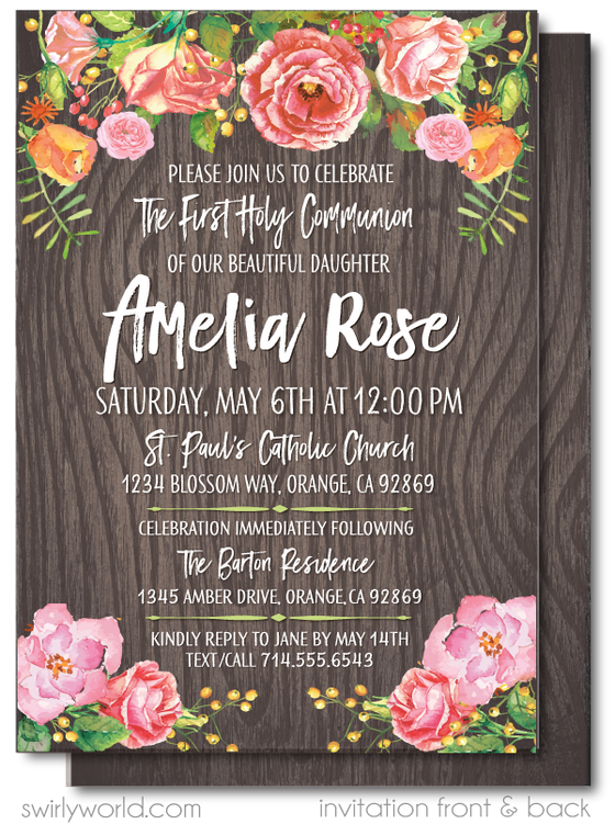 Girl's Rustic Wood First 1st Holy Communion Invitation Digital Download