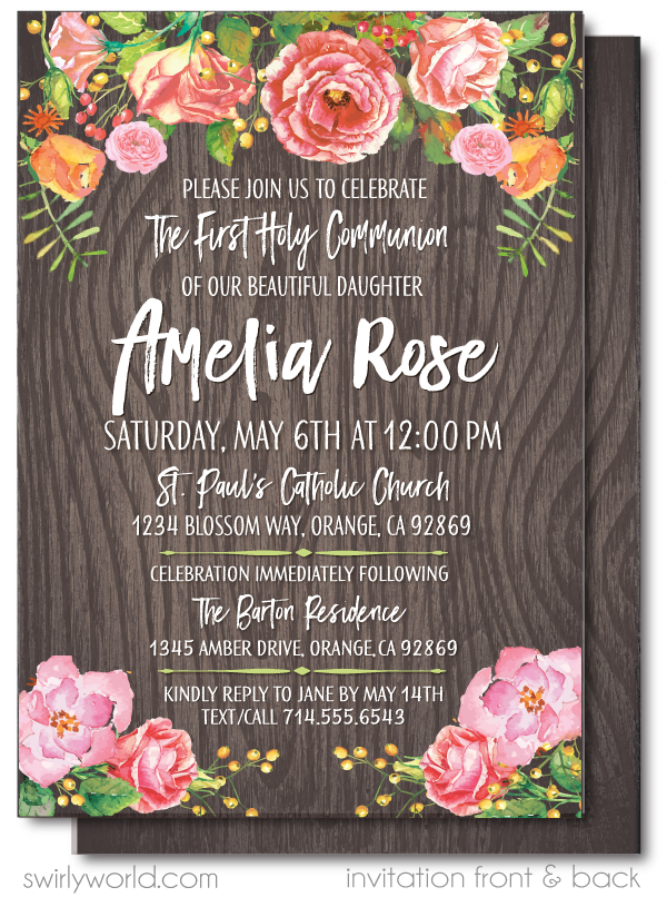 Girl's Rustic Wood First 1st Holy Communion Invitation Digital Download