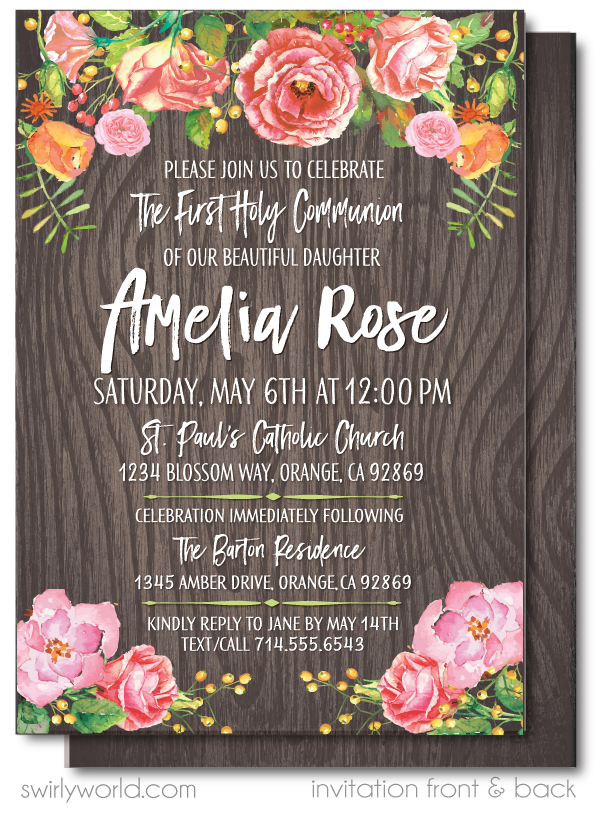 Vintage Botanical Peoni First 1st Holy Communion Invites for Girls
