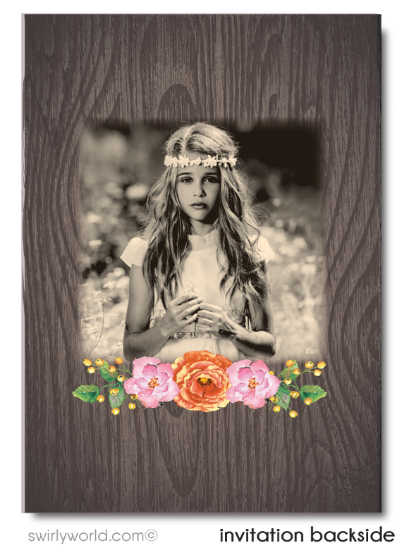 Girl's Rustic Wood First 1st Holy Communion Invitation Digital Download