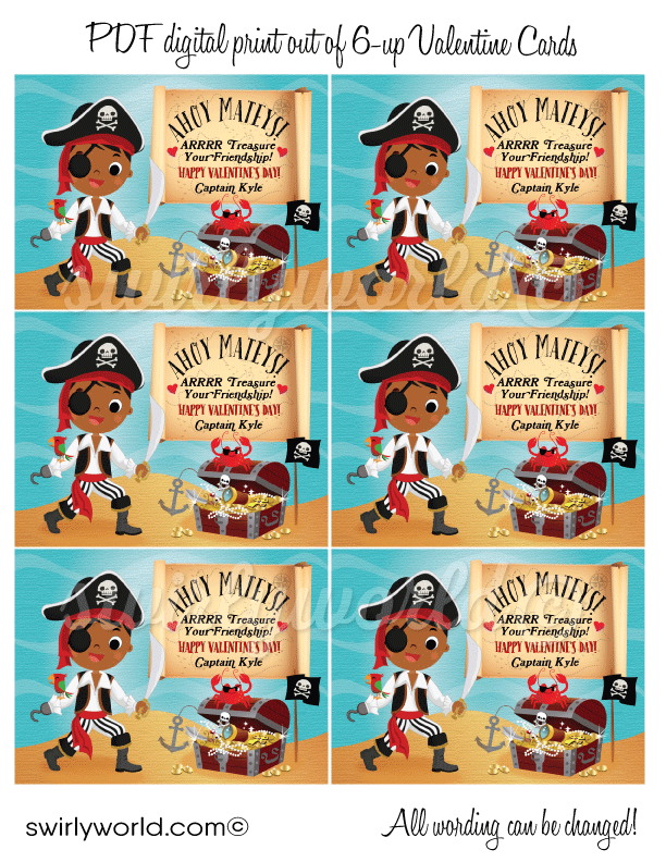 cute boy pirate sailer valentine's day cards for school classroom. Boy's pirate theme treasure Valentine cards.