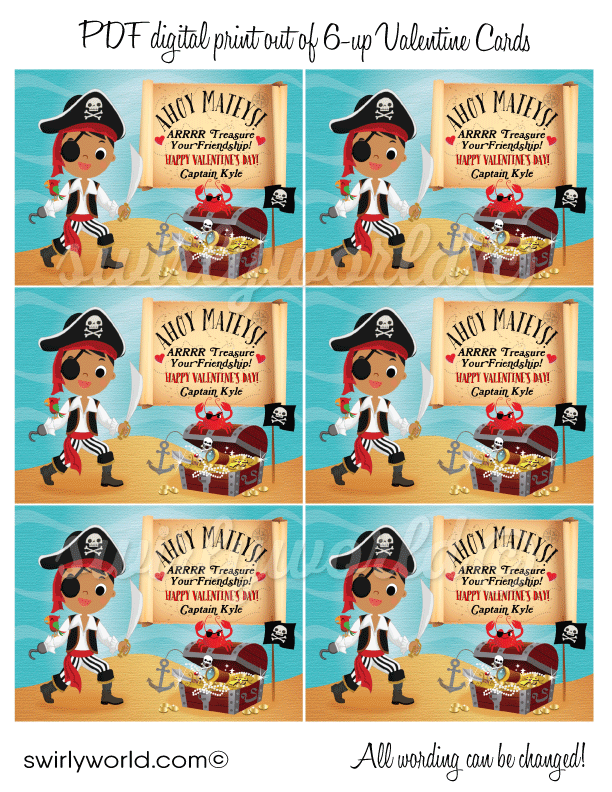 cute boy pirate sailer valentine's day cards for school classroom. Boy's pirate theme treasure Valentine cards.