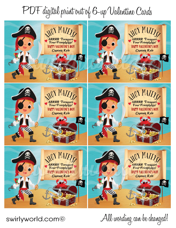 cute boy pirate sailer valentine's day cards for school classroom. Boy's pirate theme treasure Valentine cards.