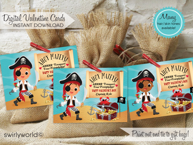 cute boy pirate sailer valentine's day cards for school classroom. Boy's pirate theme treasure Valentine cards.