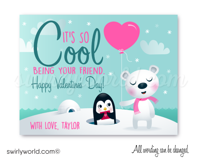 Cute unisex polar bear penguin eskimo gender neutral Valentine's day cards for school classroom.
