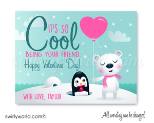 Cute unisex polar bear penguin eskimo gender neutral Valentine's day cards for school classroom.