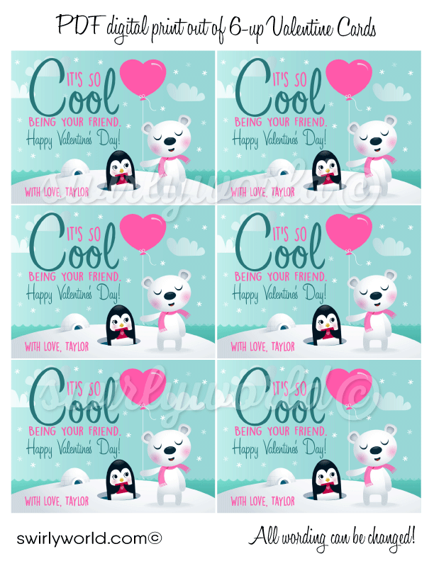 Cute unisex polar bear penguin eskimo gender neutral Valentine's day cards for school classroom.