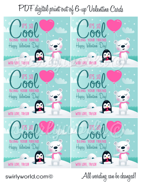 Cute unisex polar bear penguin eskimo gender neutral Valentine's day cards for school classroom.
