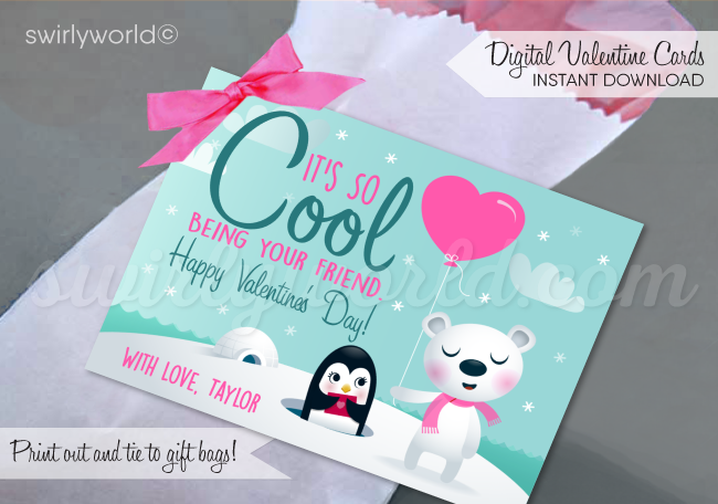 Cute unisex polar bear penguin eskimo gender neutral Valentine's day cards for school classroom.