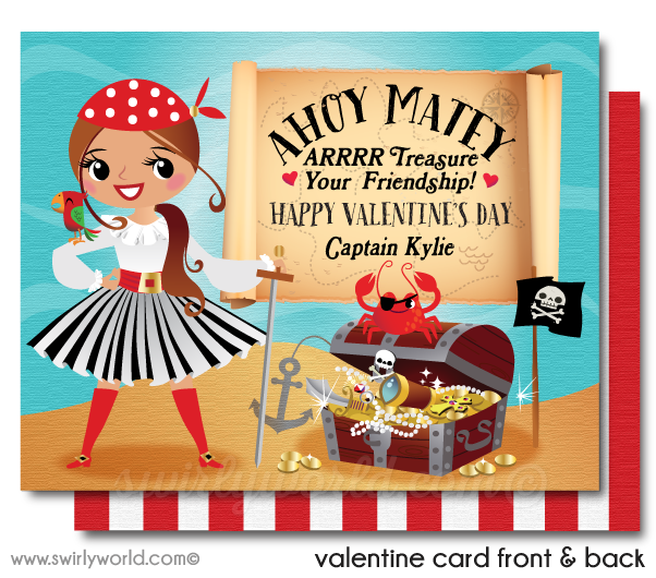 Cute Retro Pirate Captain Valentine's Day Cards for Girls Digital Download