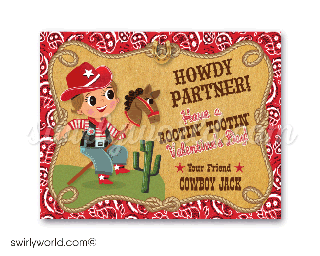 Retro Vintage Western Retro Cowboy Valentine's Day Cards for Boys Digital Download